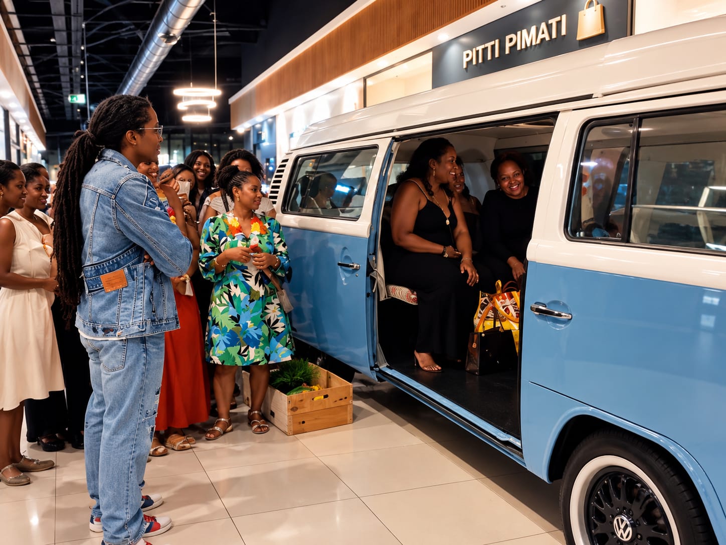 Des invités se rassemblent autour du Photocombi installé dans une galerie commerciale